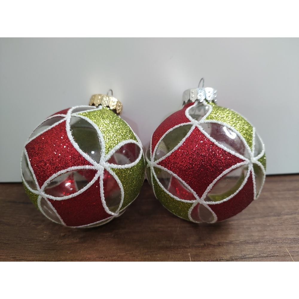 G&B Red Glass Ball Christmas Ornament Lot Of 2 Red Green White Glitter A17